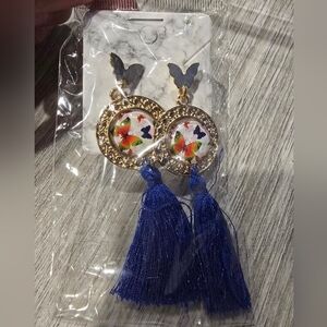 Gold & Blue Butterfly Tassel Earrings - Women Jewelry